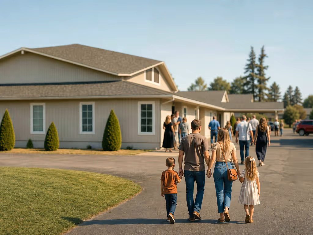 A family walking into The River Church on a Sunday morning